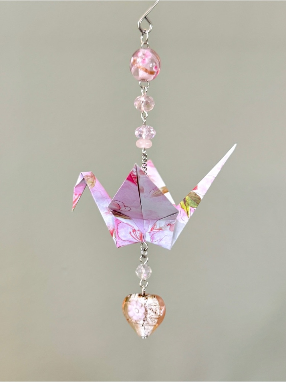 Origami Ornament #2433 - Medium Crane with Glass Heart Bead
